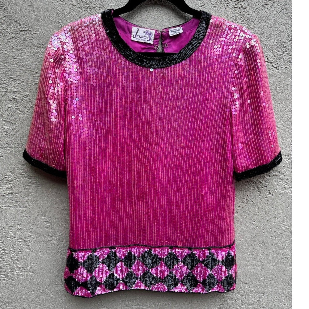 Vintage Jasmine Silk Pink Black Trim Sequin Blouse MEDIUM Cocktail Statement